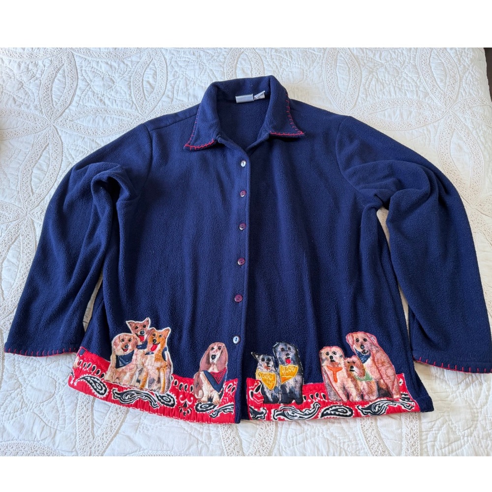 Y2K Grandma Cottagecore Take Two Fleece Jacket Navy Blue Dog Print  Womens XL